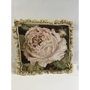 Vintage Borgata Needlepoint Floral Rose Decorative Pillow Tassels Cottagecore